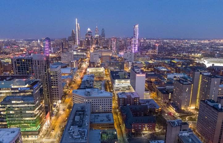 Aerial view of Philadelphia, PA, at night