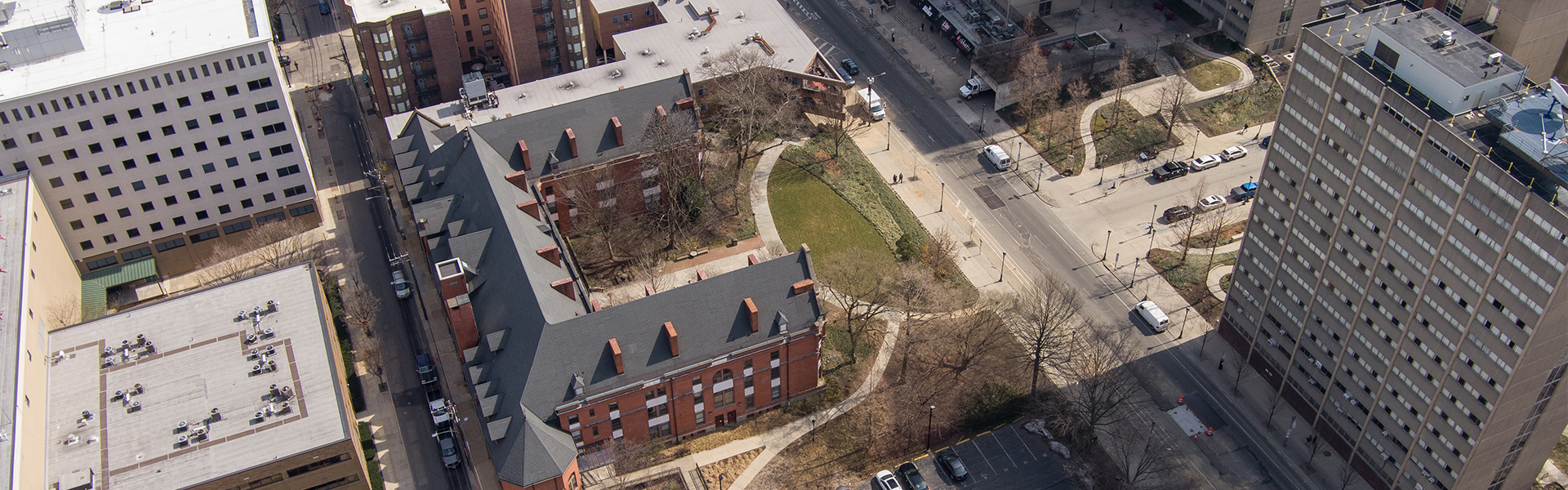 Aerial photo of The Ralston Center's 133-year historic building in the center of the University of Pennsylvania