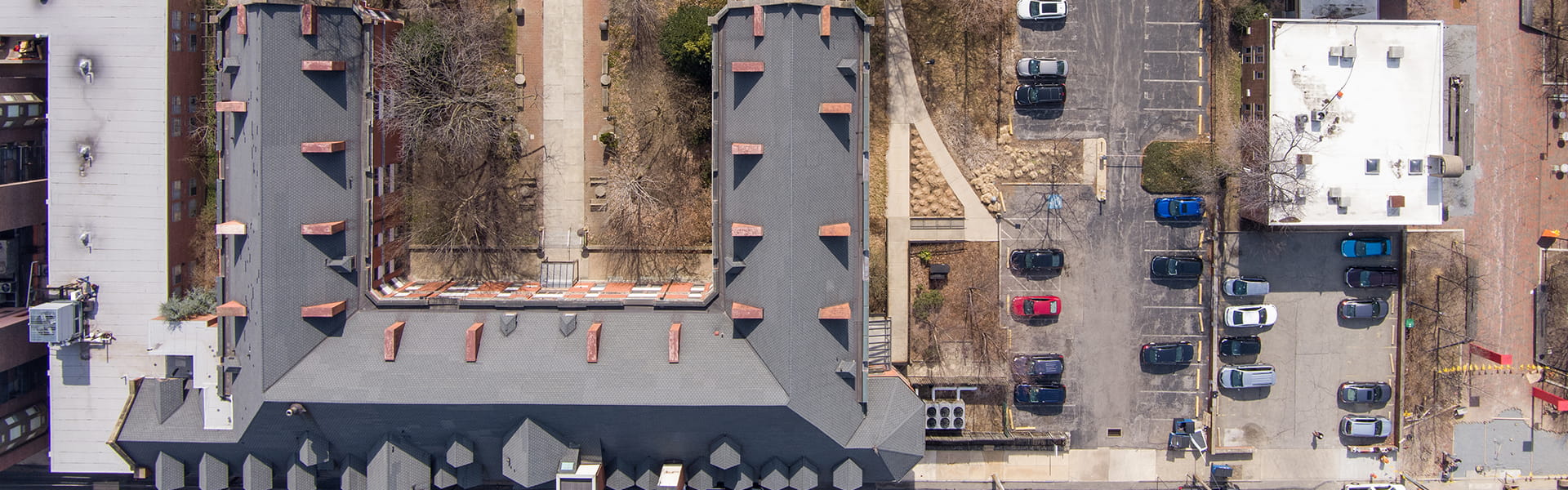 Aerial of The Ralston Center's 133-year historic building in the center of the University of Pennsylvania