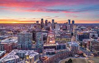 Drone view of Denver, Colorado, at sunset
