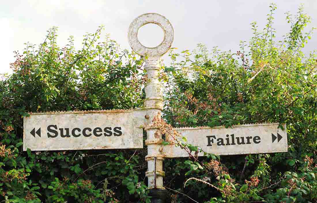 Image of an old sign that points opposite ways with success on one panel and failure on the other