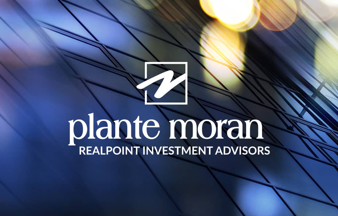 Plante Moran Realpoint Investment Advisors logo over abstract building photo.