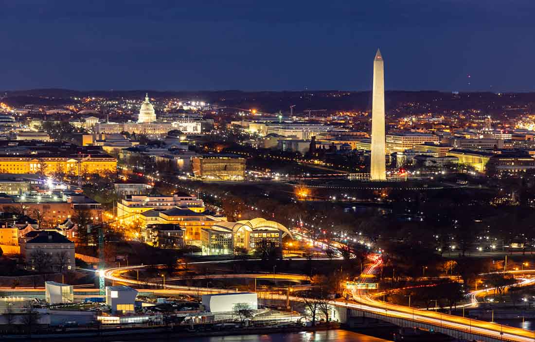 Landscape image of Washington D.C. at nighttime.