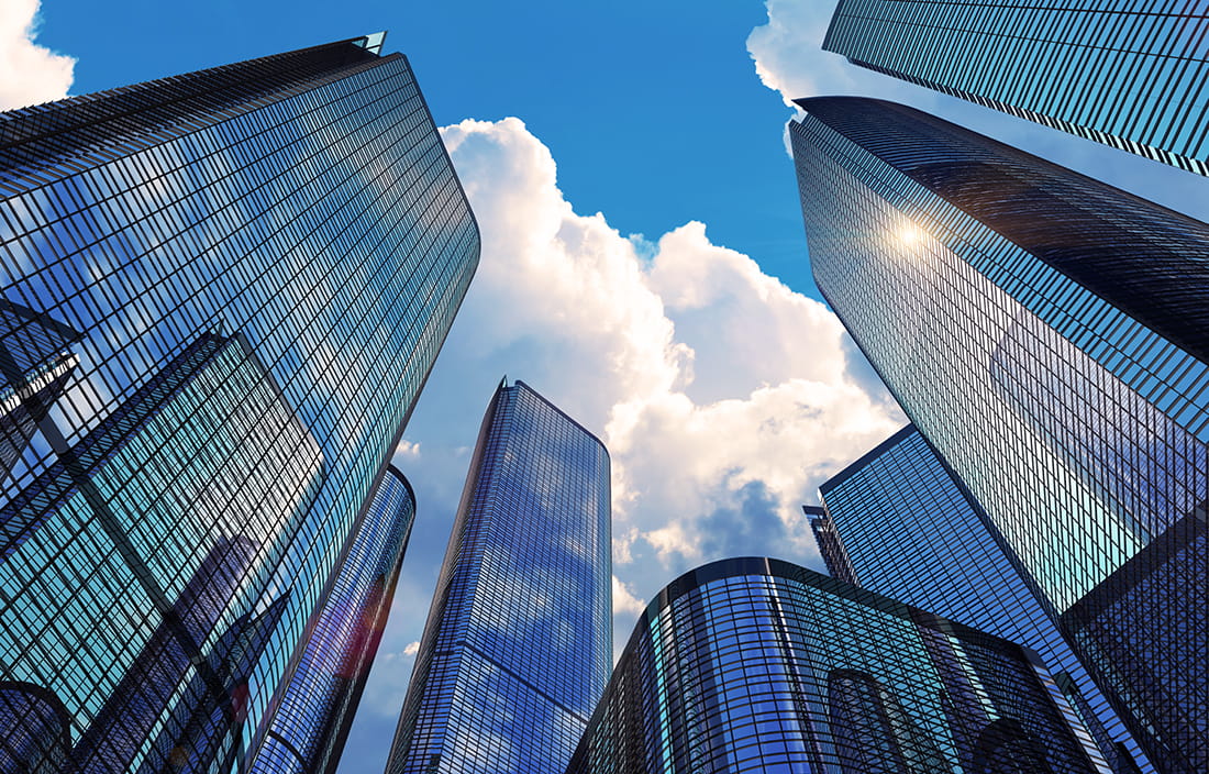 Tall buildings with upward sky view 