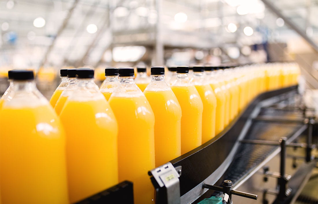 View of a factory line filled with bottles.