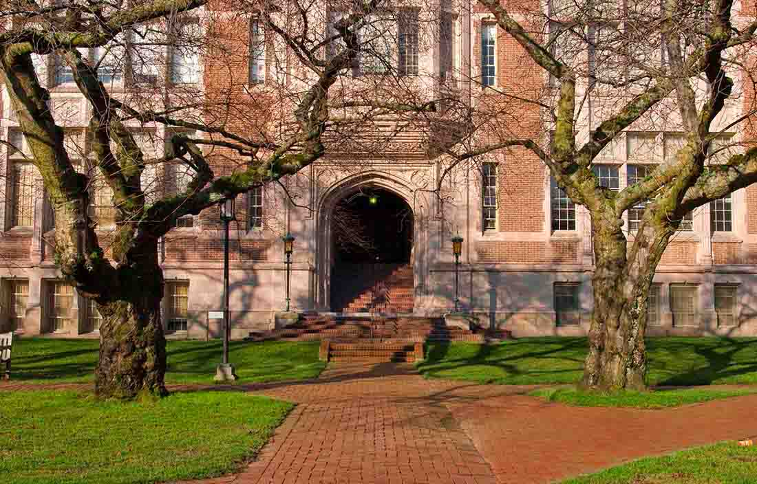 View of a courtyard area for a college campus.