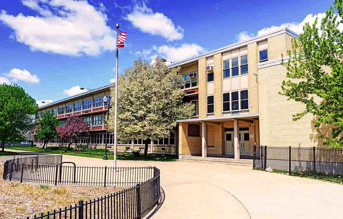 View of a school building in the afternoon.